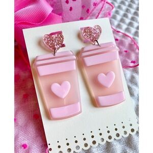 New Pink Acrylic Coffee Drink Cup & Glitter Heart Valentines Earrings - 2.50”